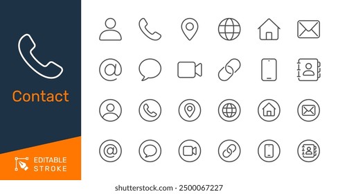 Contact thin line icons. Editable stroke. Pixel perfect.