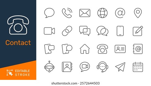 Contact thin line icons. Editable stroke. Pixel perfect.