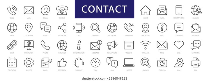 Contact thin line icons set. Basic Contact icon. Contact editable stroke icons collection. Phone, Mail, Address, Web icon. Vector