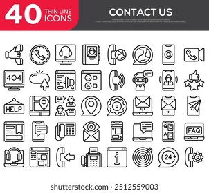 Contact thin line icons set. Basic contact icon collection. Phone, website, message, chat symbol. Vector
