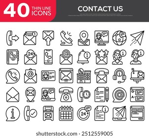 Contact thin line icons set. Basic contact icon collection. Phone, website, message, chat symbol. Vector