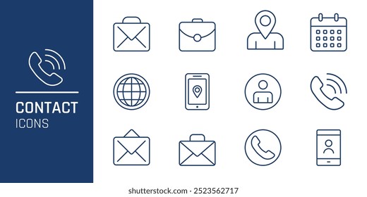 Conjunto de iconos de línea delgada de contacto. Conjunto de iconos aislados de comunicación. Teléfono, Sitio web, mensaje, chat, ubicación, calendario. Vector