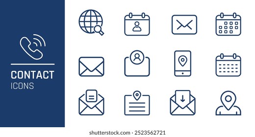 Contact thin line icons set. Communication isolated icons set. Phone, website, message, chat, location, calendar symbol. Vector