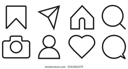 Contact thin line icons set. Social media flat icon. Set of generic social media user interface icons. Well-crafted sign in thin line style with editable stroke. Like, comment, share and save icons. 