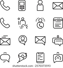 Contact thin line icons set. Basic contact icon collection. Phone, website, message, chat symbol. Vector