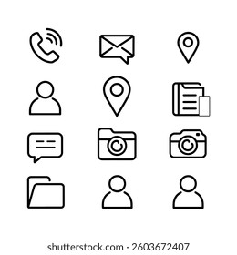 Contact thin line icons set. Basic contact icon collection. Phone, website, message, chat symbol. Vector	