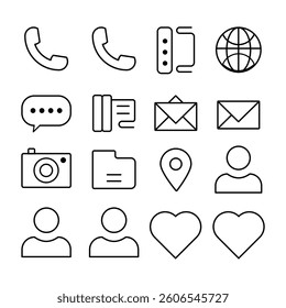 Contact thin line icons set. Basic contact icon collection. Phone, website, message, chat symbol. Vector	