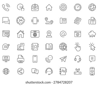 Contact thin line icons set. Essential Minimalist Interface Symbols for Website and App Design. Basic contact icon collection. Phone, website, message, chat symbol. Vector illustration.