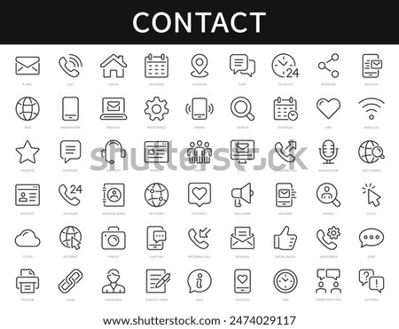 Contact thin line icons set. Basic contact icon collection. Phone, website, e-mail, message, chat symbol. Vector
