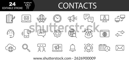 Contact thin line icons set. Contact icon.  Support, message, phone, globe, point, chat, call. Editable stroke. Vector illustration
