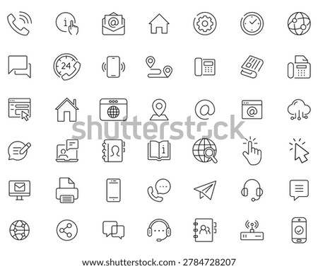 Contact thin line icons set. Essential Minimalist Interface Symbols for Website and App Design. Basic contact icon collection. Phone, website, message, chat symbol. Vector illustration.