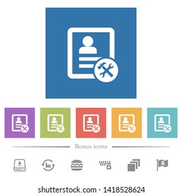 Contact tools flat white icons in square backgrounds. 6 bonus icons included.