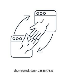 Contacto de dos manos de páginas de Internet. Amistad y cooperación en el espacio de Internet. Programas de afiliación. Icono lineal vectorial aislado en fondo blanco.