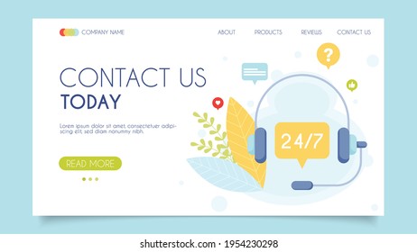 Contact us 24-7 today. Customer support call center. Landing page concept. Flat design, vector illustration. 