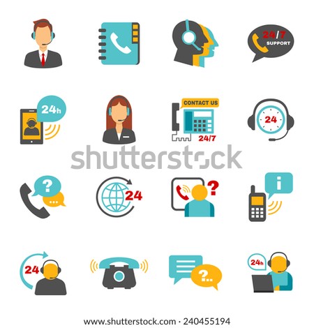 Contact us 24h support call center service flat icons set with operator headphone abstract vector isolated illustration