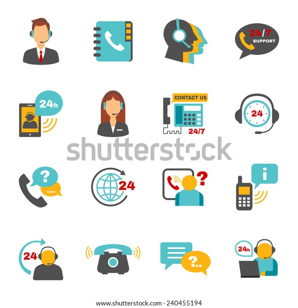 Contact\
us 24h support call center service flat icons set with operator\
headphone abstract vector isolated\
illustration