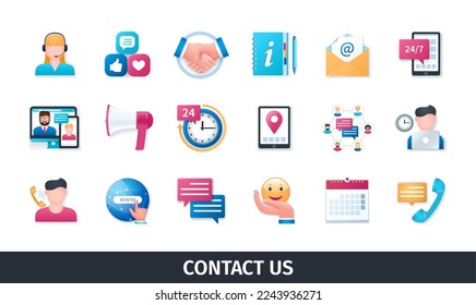 Contact us 3d vector icon set. Handshake, email, information, chat, customers, schedule, help, call support. Realistic objects in 3D style