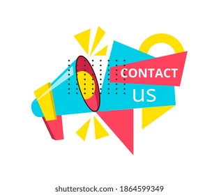 Contact us badge, label for social media, mobile app, web page, website and advertise. Creative speech bubble. Promo sticker. Cartoon flat vector illustration isolated on white background