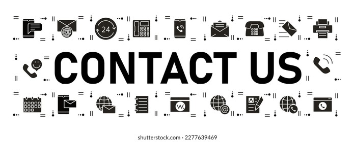 Contact us banner. Collection of icons. Feedback and answers to clients questions. Customer support service, hotline and call center. Cartoon flat vector illustrations isolated on white background