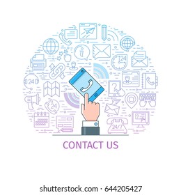 Contact us banner. Design template with flat line icons on theme customer service and support. Caller mobile phone. Vector illustration