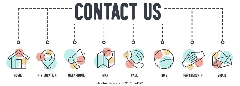 Contact Us banner web icon. door, pencil and ruler, paint brush, color swatch, paint roller, paint bucket, window, house key vector illustration concept.