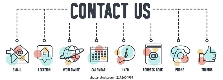 Contact Us banner web icon. email, location, worldwide, calendar, info, address book, phone, thumbs vector illustration concept.