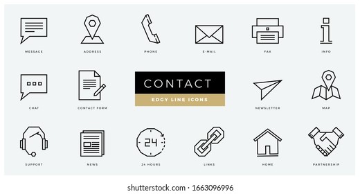 Contact us and business icon set - minimal thin outline, web icon and symbol collection – message, address, location, support, info, chat, contact form,  Simple edgy vector illustration.
