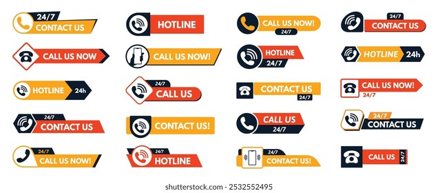 Contacte-nos botões. Etiqueta de atendimento ao cliente, ligue para nós agora e 24 7 linha direta de suporte com telefone celular e ícones de telefone. Chamada para conjunto de vetores de emblemas de ação.