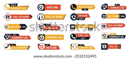 Contact us buttons. Customer service label, call us now and 24 7 support hotline with telephone handset and phone icons. Call to action badges vector set.