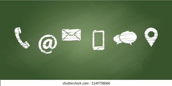 Contact us or call us symbol Social Media network icons for business communication Marketing chatting or messenger, mail, chat, talk Funny vector mobile share about connect School chalkboard