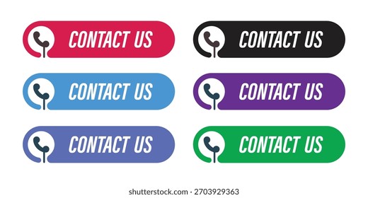 Contact Us Call-to-Action Button Set. Rounded Web CTA Template with Phone Icon for Customer Service, Support, and Communication Interface. Vector.