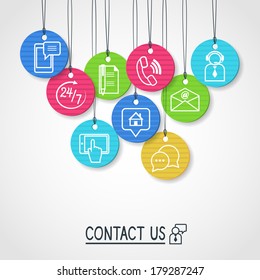 Contact us cardboard labels and tags set of email phone communication and representative person vector illustration