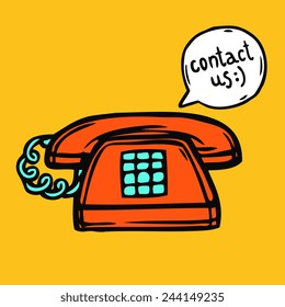 Contact us communication poster with classic retro phone vector illustration