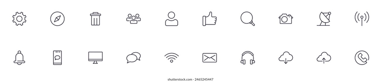 Contacte con nosotros y la comunicación de la línea delgada iconos establecidos. Ilustraciones lineales simples que se adaptan a App, infografías, libros, tiendas en línea y tiendas 