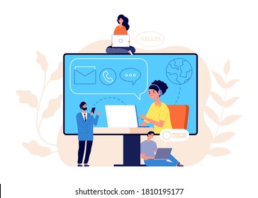 Contact us concept. Business website, call center or help line community. Creative people work modern support service vector illustration