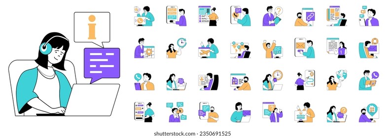 Contact us concept with character situations mega set. Bundle of scenes people calling, sending messages, chatting, searching info for questions and other. Vector illustrations in flat web design