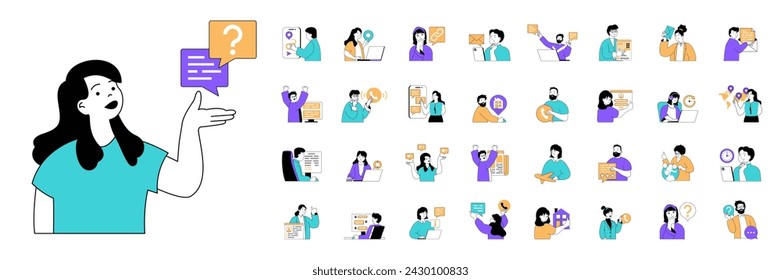 Contact us concept with character situations mega set in flat web design. Bundle of scenes people calling to company support center, send business emails, chatting with operator. Vector illustrations.