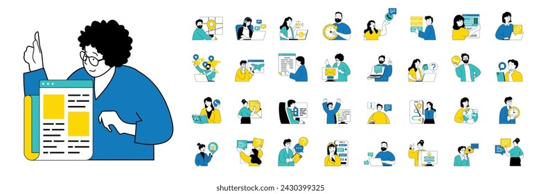 Contact us concept with character situations mega set in flat web design. Bundle of scenes people sending emails and chatting, calling to company and finding faq information. Vector illustrations.