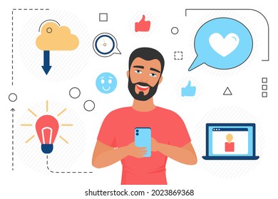 Contact Us Concept, Customer Feedback And Review Vector Illustration. Cartoon Man Character Holding Mobile Phone, Like Button And Online Cloud Storage, Light Bulb Idea Line Icons Isolated On White Background.