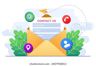 Contact us concept flat illustration vector template, Customer care service, Online support, Hotline, Help desk, Mail letter communication form as information sending for assistance