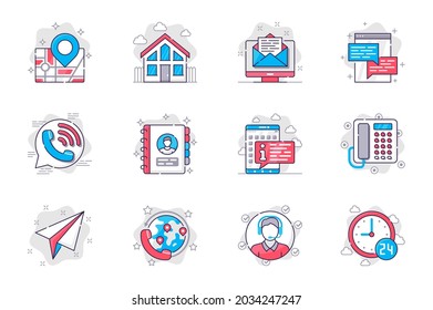 Contact us concept flat line icons set. Communication with client. Bundle of address, home, office, letter, message, chat, call, info and other. Vector conceptual pack outline symbols for mobile app