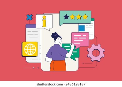 Contact us concept in flat neo brutalism design for web. Woman chatting with operator, getting information, solutions and answers. Vector illustration for social media banner, marketing material.