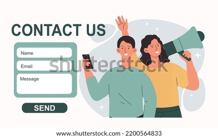Contact us concept. Form for collecting information about users and clients. Man with smartphone and woman with loudspeaker, winternet promotion, landing page. Cartoon flat vector illustration
