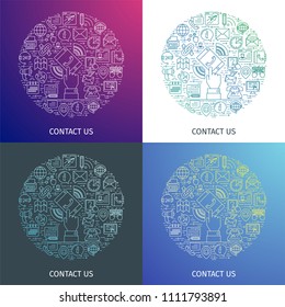 Contact us concept. Four variants with gradient fill. Design template with thin line icons on theme customer service and support. Caller mobile phone