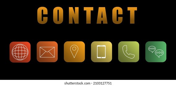Contáctenos con el concepto. Iconos como teléfono móvil, dirección de correo electrónico, chat, comunicación global sobre fondo negro para presentación, banner web, artículo. Conexión de empresa y de red y compañía.