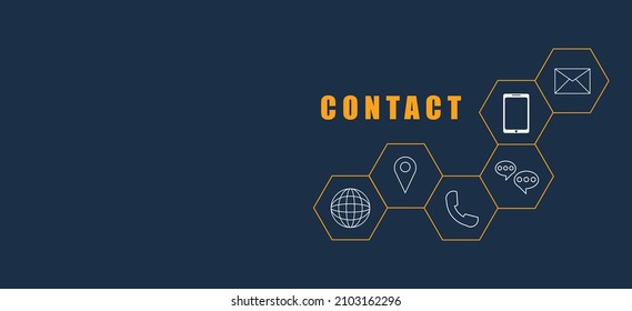 Contact us concept. Icons such as mobile phone, E-mail address, chat, global communication on dark blue background for presentation, web banner, article. Business and network connection and company.