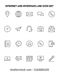 Contact us concept. Internet and web site interface line icon set. Vector signs of geotag, globe, speech bubbles, phone, envelope, clock, post, message etc