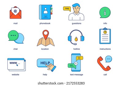 Contact us concept line icons set. Pack outline pictograms of mail, phone book, question, info, chat, location, hotline, help, text, message, call. Vector flat elements for mobile app and web design