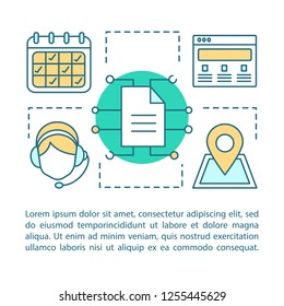 Contact us concept linear illustration. Information center. Infocenter. Call center. Hotline. Article, brochure, magazine page layout. Thin line icons with text boxes. Vector isolated outline drawing