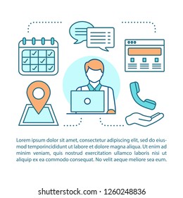 Contact us concept linear illustration. Information center. Infocenter. Call center. Hotline. Article, brochure, magazine page layout. Thin line icons with text boxes. Vector isolated outline drawing